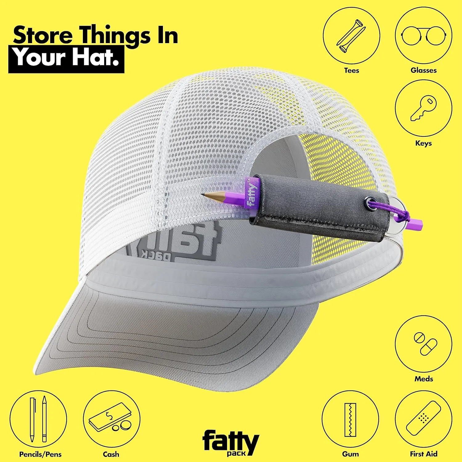 FATTYPACK - Attachable Storage Pocket For Hats - Store Cash, Medicine, Gum, Keys, Pencils, Pens, Golf Tees, etc.