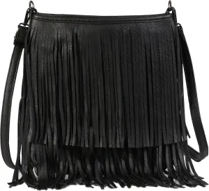 Faux Leather Fringe Crossbody Bag for Women – Cowgirl Tassel Shoulder Purse with Zip Closure – Medium Size – Dakota