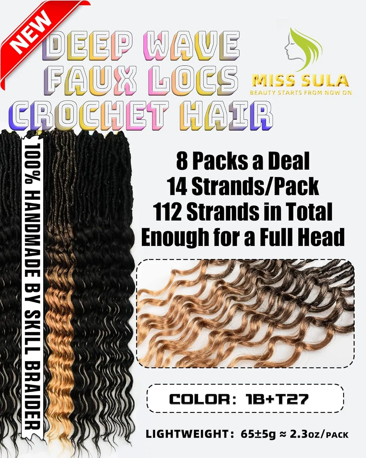 Faux Locs Crochet Hair- 24 Inches (6 2) Packs Pre Looped Natural Black  Ombre Golden 112 Strands Synthetic Hair Extensions, Soft Goddess Locs Braids with Long Deep Wave Curly Ends(24"-8 Packs,1B T27)
