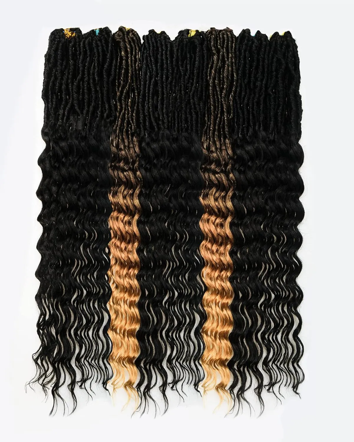 Faux Locs Crochet Hair- 24 Inches (6 2) Packs Pre Looped Natural Black  Ombre Golden 112 Strands Synthetic Hair Extensions, Soft Goddess Locs Braids with Long Deep Wave Curly Ends(24"-8 Packs,1B T27)