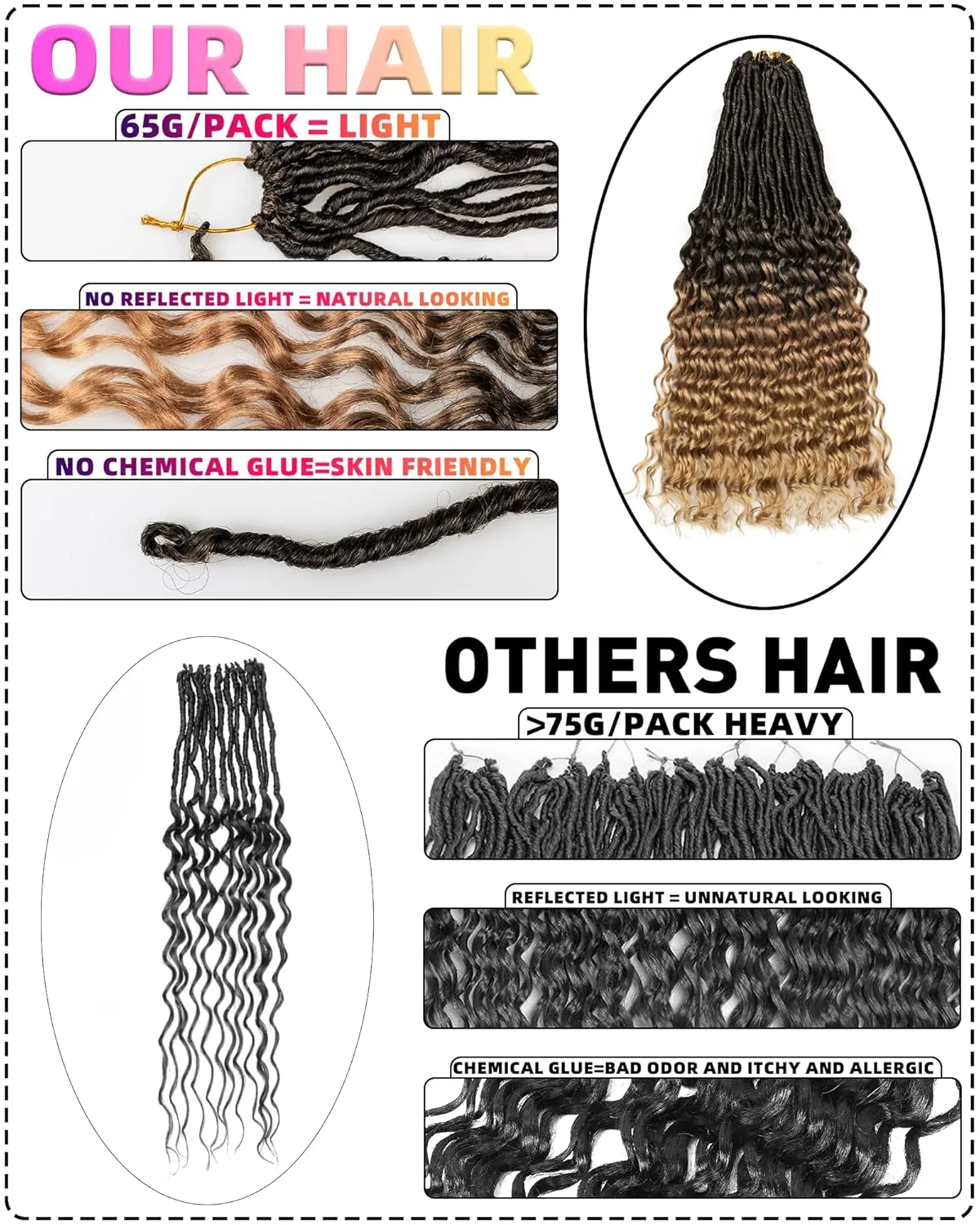 Faux Locs Crochet Hair- 24 Inches (6 2) Packs Pre Looped Natural Black  Ombre Golden 112 Strands Synthetic Hair Extensions, Soft Goddess Locs Braids with Long Deep Wave Curly Ends(24"-8 Packs,1B T27)