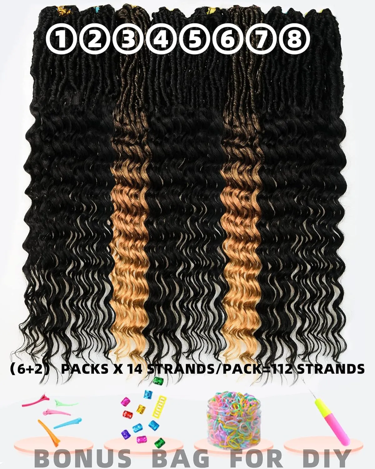 Faux Locs Crochet Hair- 24 Inches (6 2) Packs Pre Looped Natural Black  Ombre Golden 112 Strands Synthetic Hair Extensions, Soft Goddess Locs Braids with Long Deep Wave Curly Ends(24"-8 Packs,1B T27)