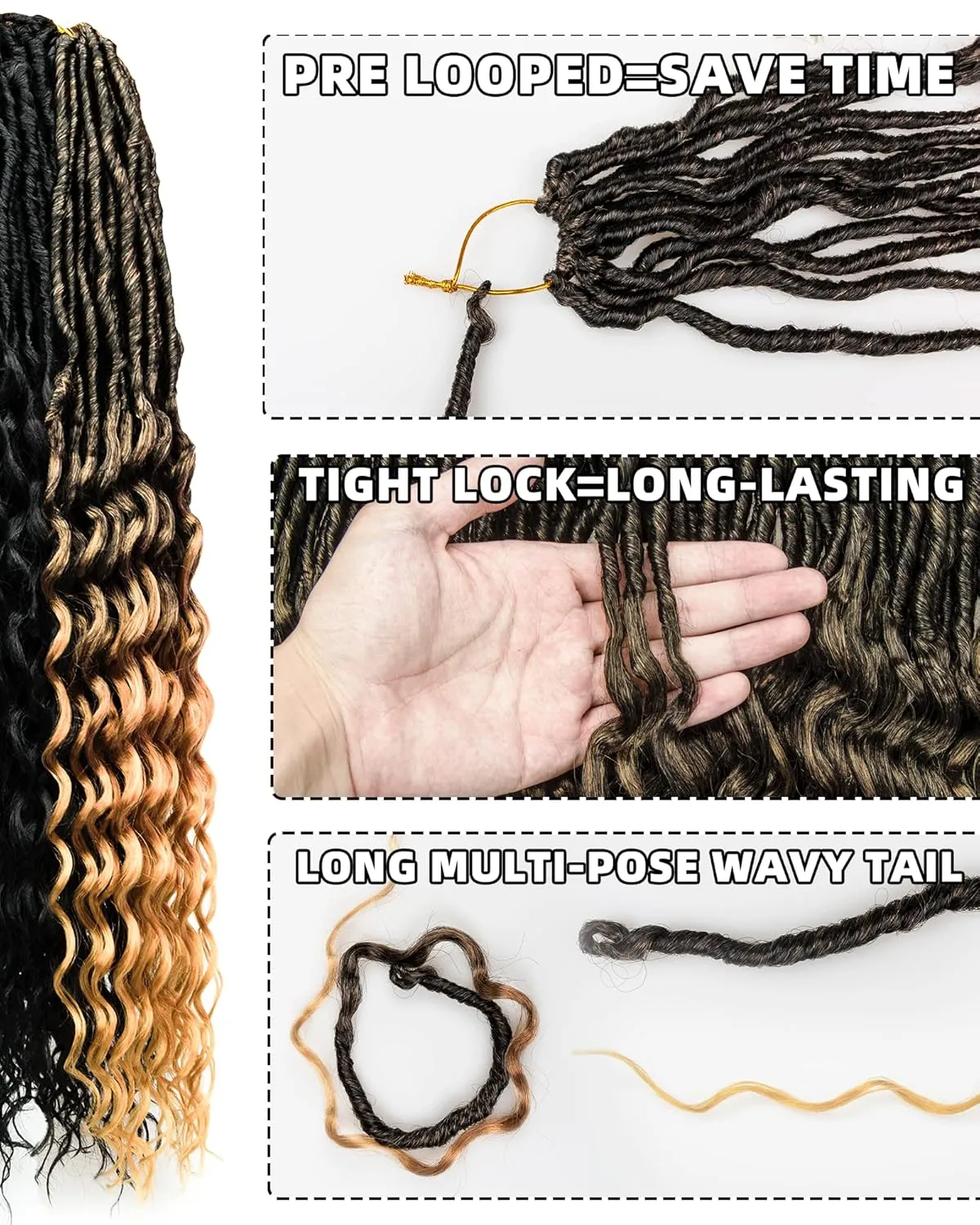 Faux Locs Crochet Hair- 24 Inches (6 2) Packs Pre Looped Natural Black  Ombre Golden 112 Strands Synthetic Hair Extensions, Soft Goddess Locs Braids with Long Deep Wave Curly Ends(24"-8 Packs,1B T27)