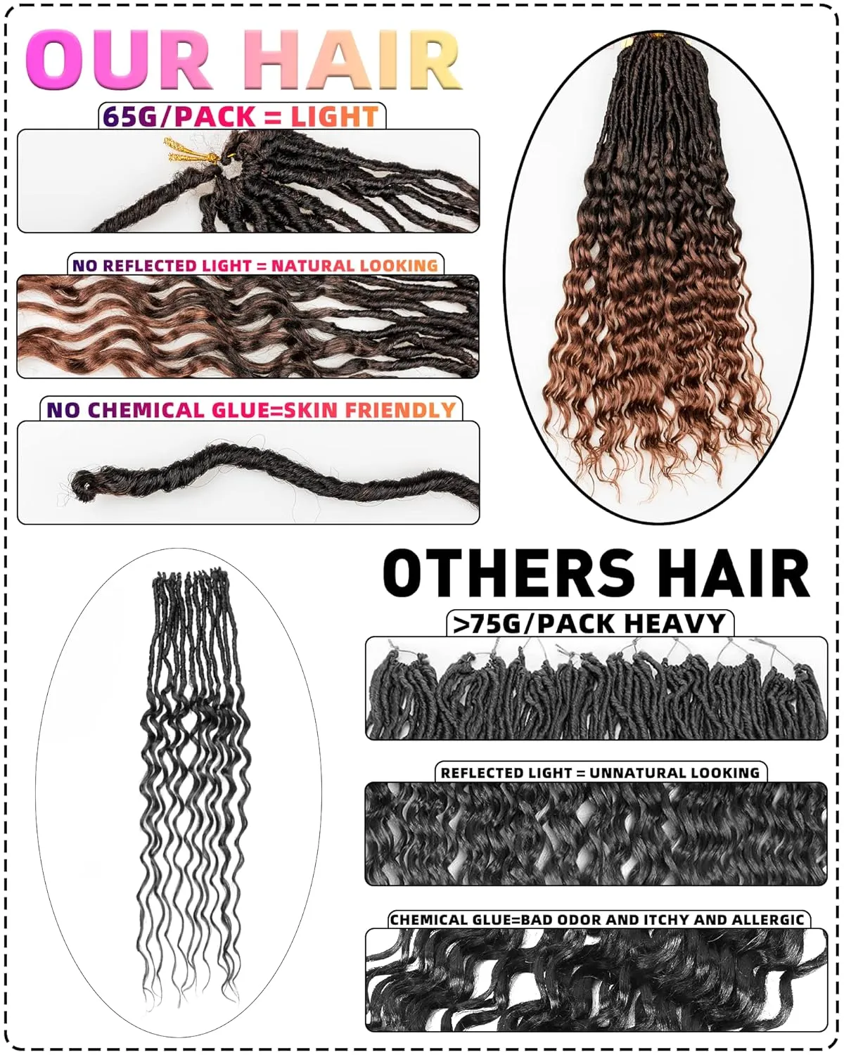 Faux Locs Crochet Hair for Black Women- 24 Inches (6 2) Packs Pre Looped Natural Black  Ombre Brown 112 Strands Synthetic Hair Extensions, Soft Goddess Locs Braids with Long Deep Wave Curly Ends(24"-8
