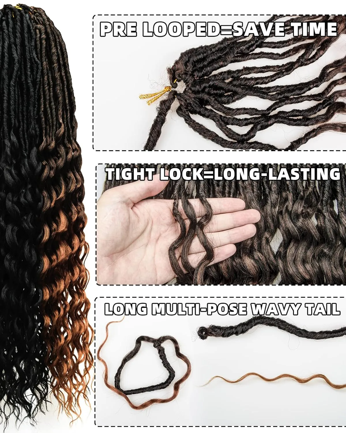 Faux Locs Crochet Hair for Black Women- 24 Inches (6 2) Packs Pre Looped Natural Black  Ombre Brown 112 Strands Synthetic Hair Extensions, Soft Goddess Locs Braids with Long Deep Wave Curly Ends(24"-8