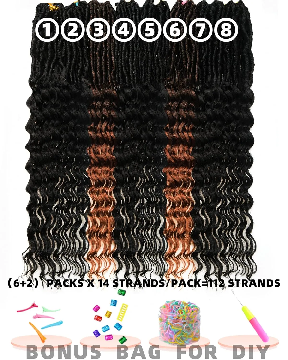 Faux Locs Crochet Hair for Black Women- 24 Inches (6 2) Packs Pre Looped Natural Black  Ombre Brown 112 Strands Synthetic Hair Extensions, Soft Goddess Locs Braids with Long Deep Wave Curly Ends(24"-8