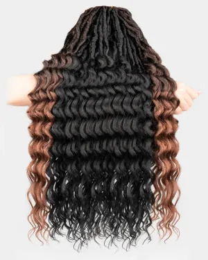 Faux Locs Crochet Hair for Black Women- 24 Inches (6 2) Packs Pre Looped Natural Black  Ombre Brown 112 Strands Synthetic Hair Extensions, Soft Goddess Locs Braids with Long Deep Wave Curly Ends(24"-8