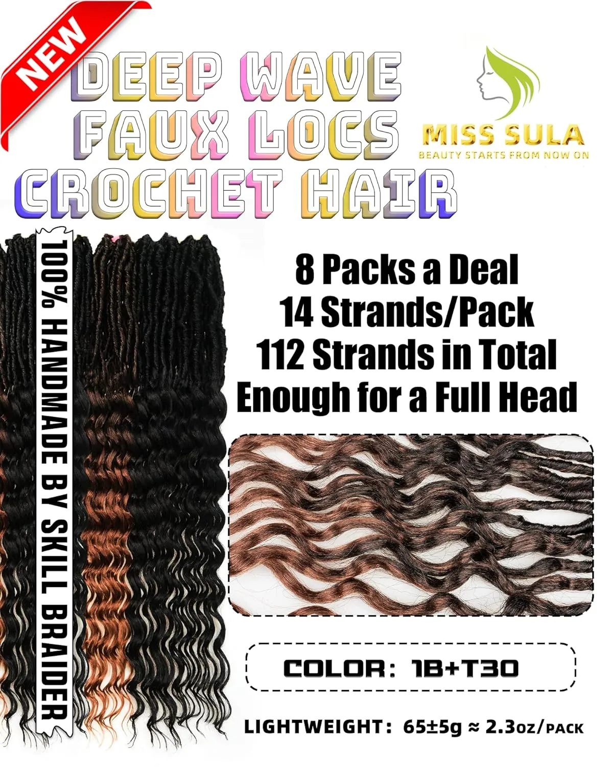Faux Locs Crochet Hair for Black Women- 24 Inches (6 2) Packs Pre Looped Natural Black  Ombre Brown 112 Strands Synthetic Hair Extensions, Soft Goddess Locs Braids with Long Deep Wave Curly Ends(24"-8