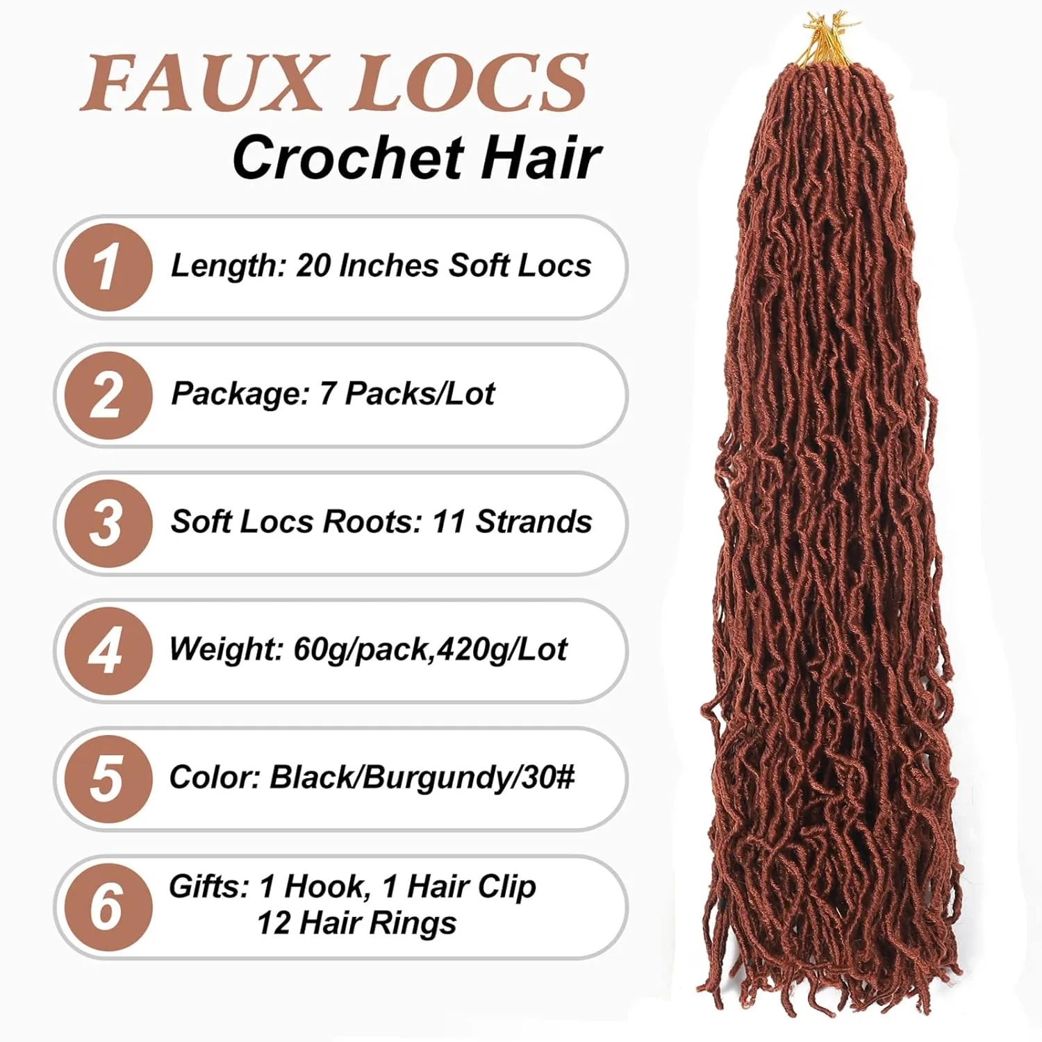 Faux Locs Crochet Hair Ginger 7 Packs 20 Inch Soft Locs Crochet Braids Goddess Locs Wavy Twist Hair Extensions 350#