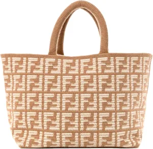 FENDI FF Cammello Beige Knitted Cashmere Large Shopper Tote Bag