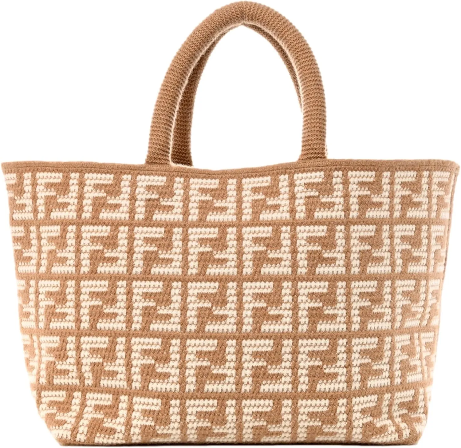 FENDI FF Cammello Beige Knitted Cashmere Large Shopper Tote Bag