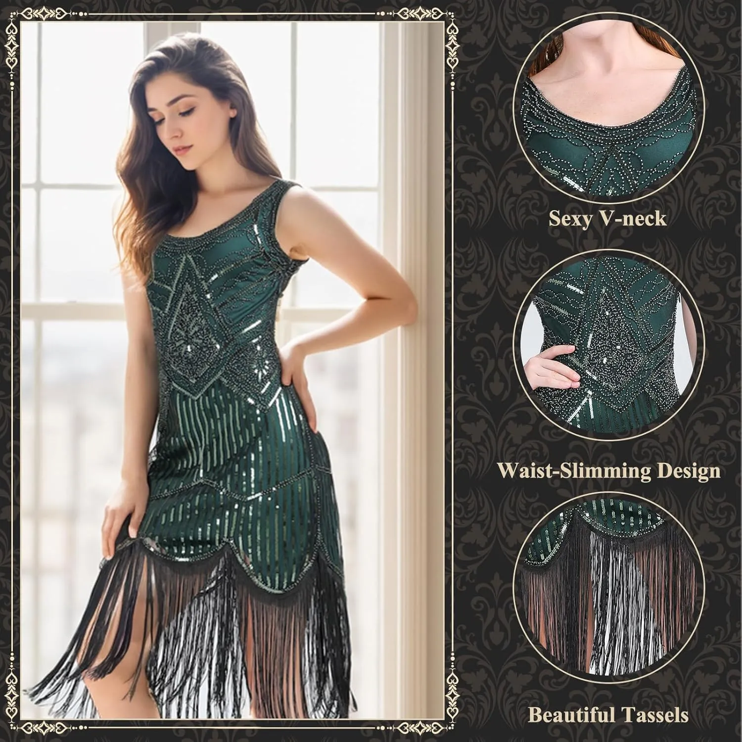 FEPITO 1920s Flapper Dresses for Women, Fringed Sequin Great Gatsby Dress for Women with 20s Accessories, Roaring 20s Costume