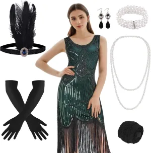 FEPITO 1920s Flapper Dresses for Women, Fringed Sequin Great Gatsby Dress for Women with 20s Accessories, Roaring 20s Costume