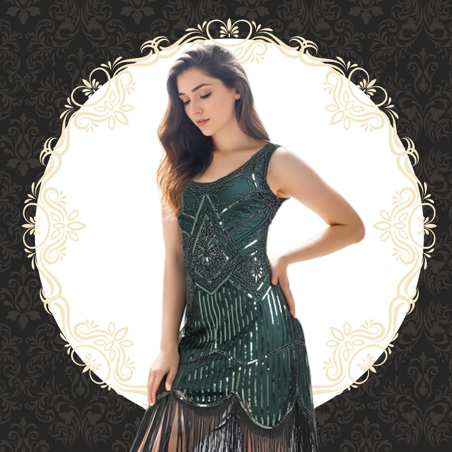 FEPITO 1920s Flapper Dresses for Women, Fringed Sequin Great Gatsby Dress for Women with 20s Accessories, Roaring 20s Costume