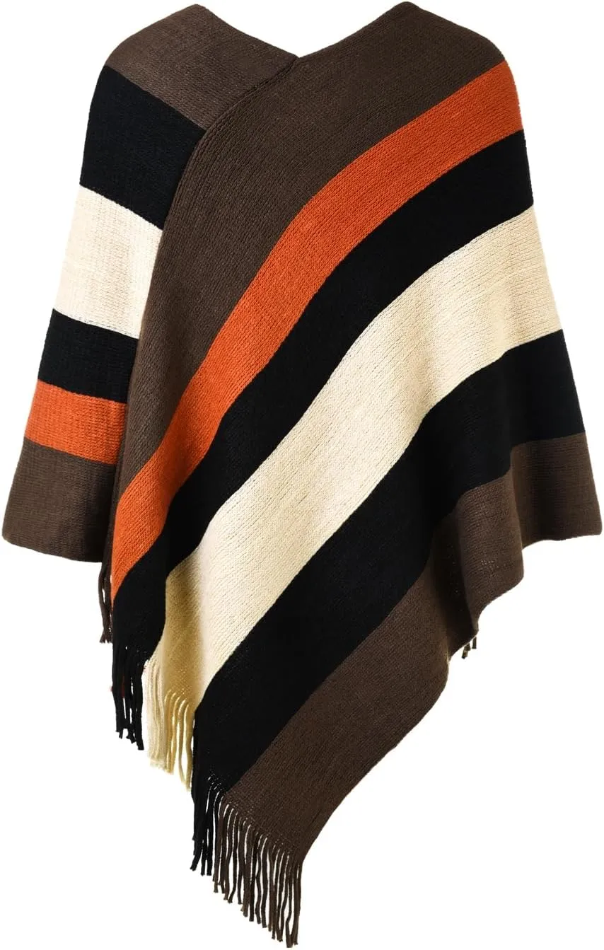 Ferand Women's Striped Poncho Sweater Cozy Knit Fringe Shawl Wraps for Fall Winter
