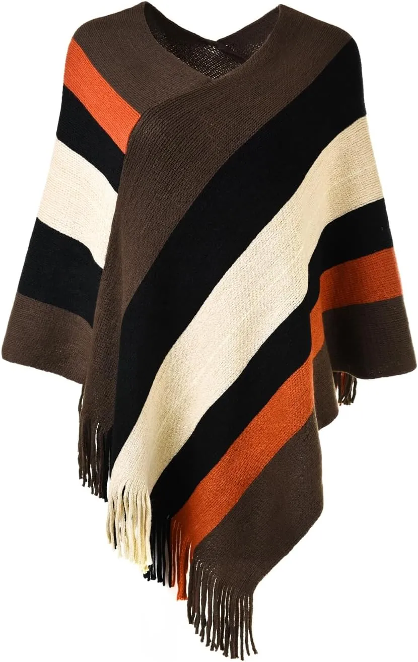 Ferand Women's Striped Poncho Sweater Cozy Knit Fringe Shawl Wraps for Fall Winter