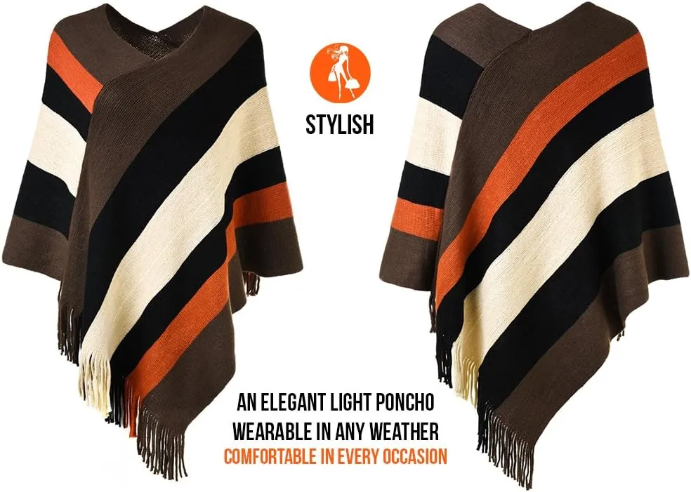 Ferand Women's Striped Poncho Sweater Cozy Knit Fringe Shawl Wraps for Fall Winter