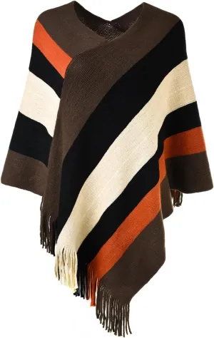 Ferand Women's Striped Poncho Sweater Cozy Knit Fringe Shawl Wraps for Fall Winter