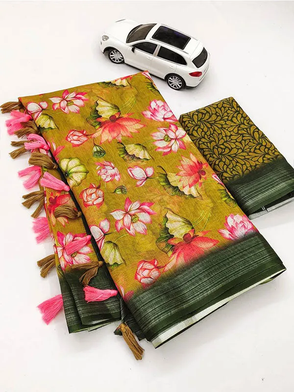 Floral Linen Printed Sari with Silver Zari Patta & Latkan (Fumka) SA125-164