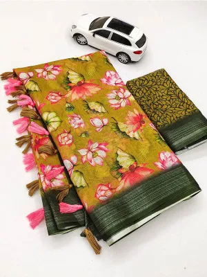 Floral Linen Printed Sari with Silver Zari Patta & Latkan (Fumka) SA125-164