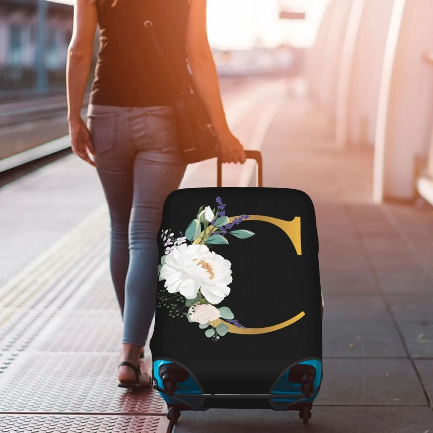 Flower Lette C Black Luggage Cover Elastic Washable Stretch Suitcase Protector Anti-Scratch Travel Suitcase Cover for Kid and Adult S (18-21 inch suitcase)