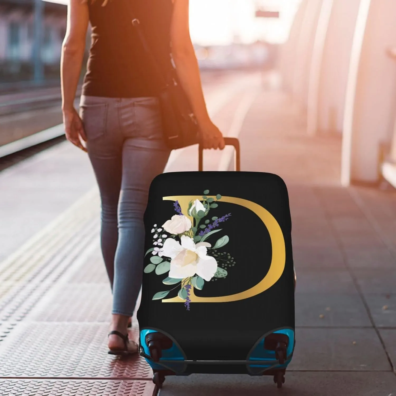 Flower Letter D Black Luggage Cover Elastic Washable Stretch Suitcase Protector Anti-Scratch Travel Suitcase Cover for Kid and Adult S (18-21 inch suitcase)