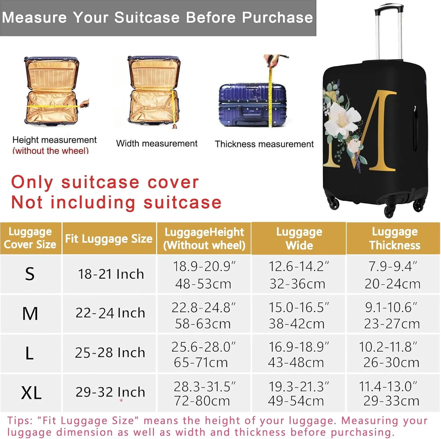 Flower Letter D Black Luggage Cover Elastic Washable Stretch Suitcase Protector Anti-Scratch Travel Suitcase Cover for Kid and Adult S (18-21 inch suitcase)
