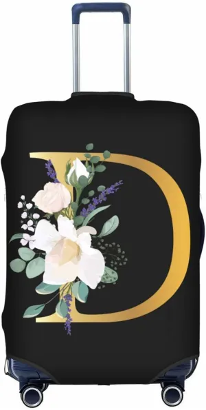 Flower Letter D Black Luggage Cover Elastic Washable Stretch Suitcase Protector Anti-Scratch Travel Suitcase Cover for Kid and Adult S (18-21 inch suitcase)
