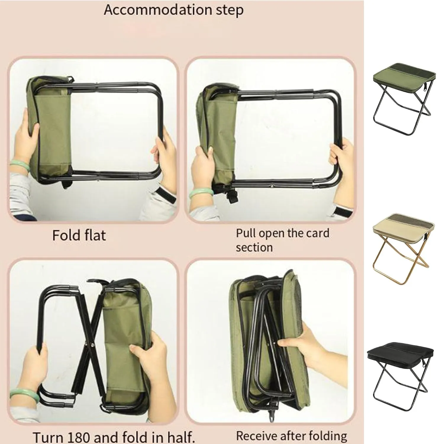 Foldable Backpack Stool, Portable Mini Outdoor Camping Folding Seat with Adjustable Shoulder Strap, for Camping, Fishing, Hiking, Picnics, Outdoor Barbecue, Can Bear 250 Lb Weight (Khaki-S)