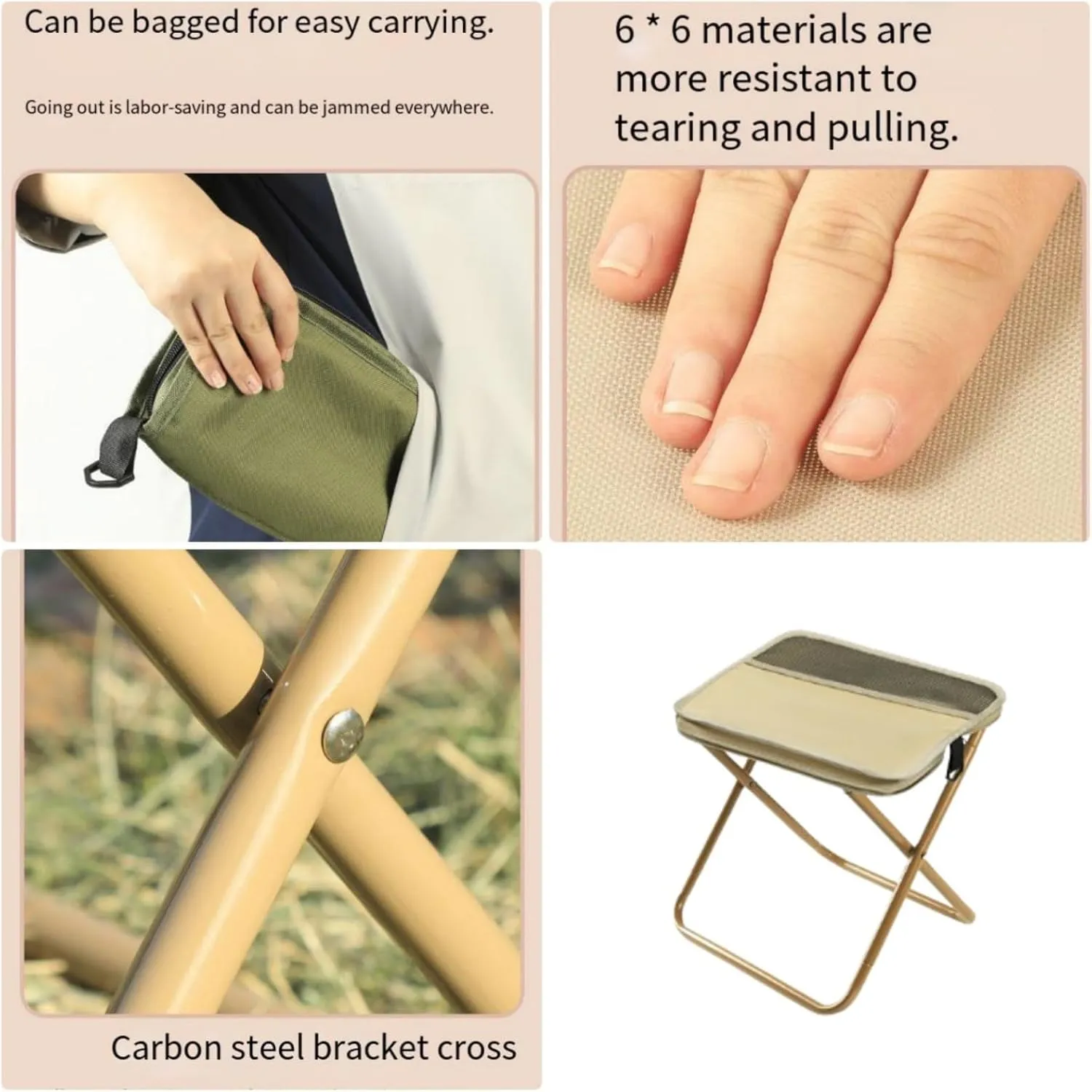 Foldable Backpack Stool, Portable Mini Outdoor Camping Folding Seat with Adjustable Shoulder Strap, for Camping, Fishing, Hiking, Picnics, Outdoor Barbecue, Can Bear 250 Lb Weight (Khaki-S)