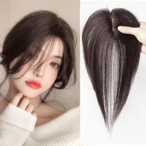 Forehead Fringe Bangs Extension Human Hair 4x8cm Mini Hairpiece Clip in 25cm Head Top Replacement Topper (Neat Bangs Brown)