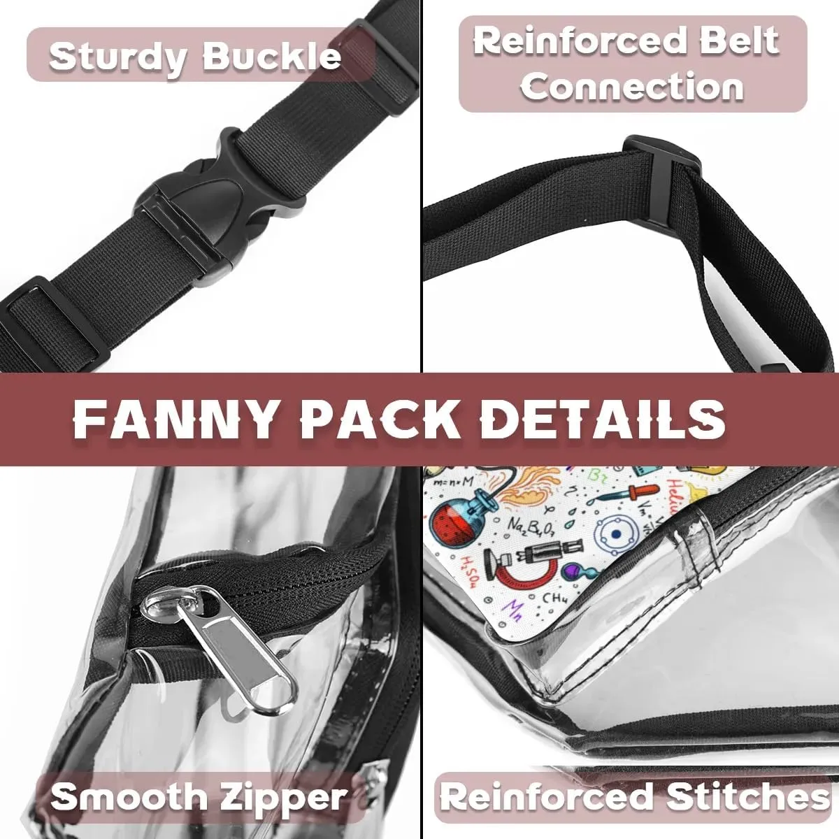 Formulas Laboratory Elements Clear Fanny Pack Stadium Approved Clear Crossbody Belt Bag for Women Men Transparent Waist Bag with Adjustable Strap for Concerts Sports Events Travel