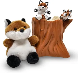 Fox Plushie & Articulated Figurines Bundle, Foxes Set with Mini Tree Trunk, Funny Animal Gift, Unique Office Gift, Cute Desk Accessories, Kawaii Home Decor, Birthday Idea (Fox)