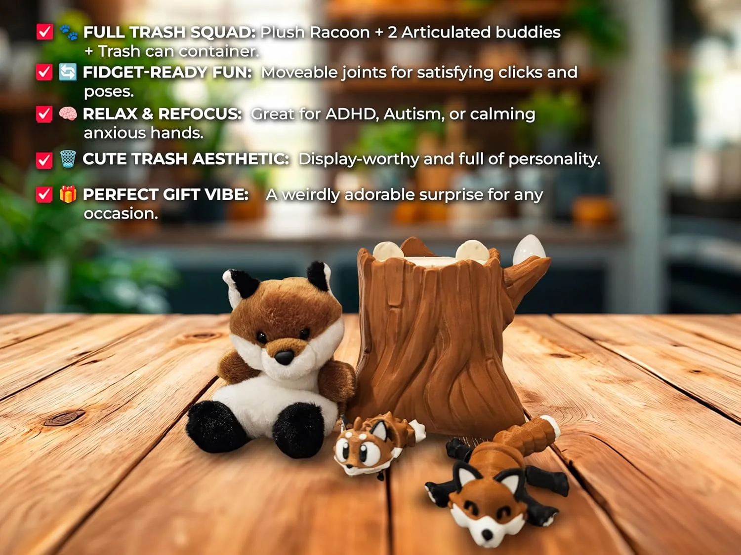 Fox Plushie & Articulated Figurines Bundle, Foxes Set with Mini Tree Trunk, Funny Animal Gift, Unique Office Gift, Cute Desk Accessories, Kawaii Home Decor, Birthday Idea (Fox)