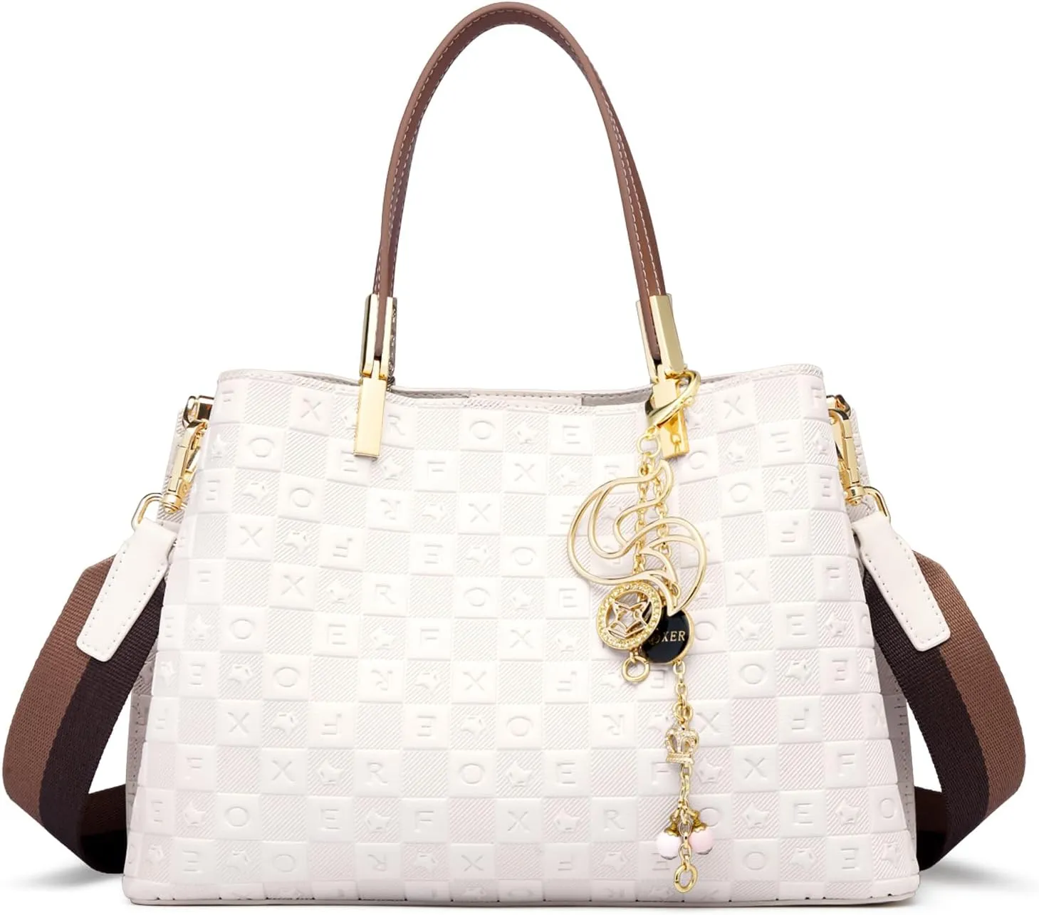FOXLOVER Press Grain Satchel Bags for Women Top-Handle Handbag Cowhide Leather Shoulder Guitar Fabric