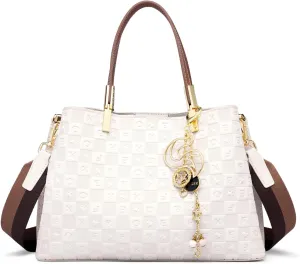 FOXLOVER Press Grain Satchel Bags for Women Top-Handle Handbag Cowhide Leather Shoulder Guitar Fabric