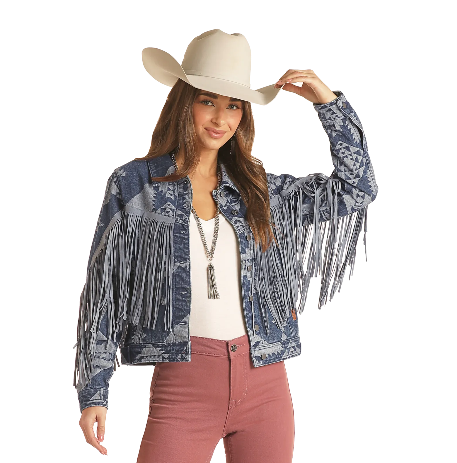 Fringe Aztec Print Denim Jacket