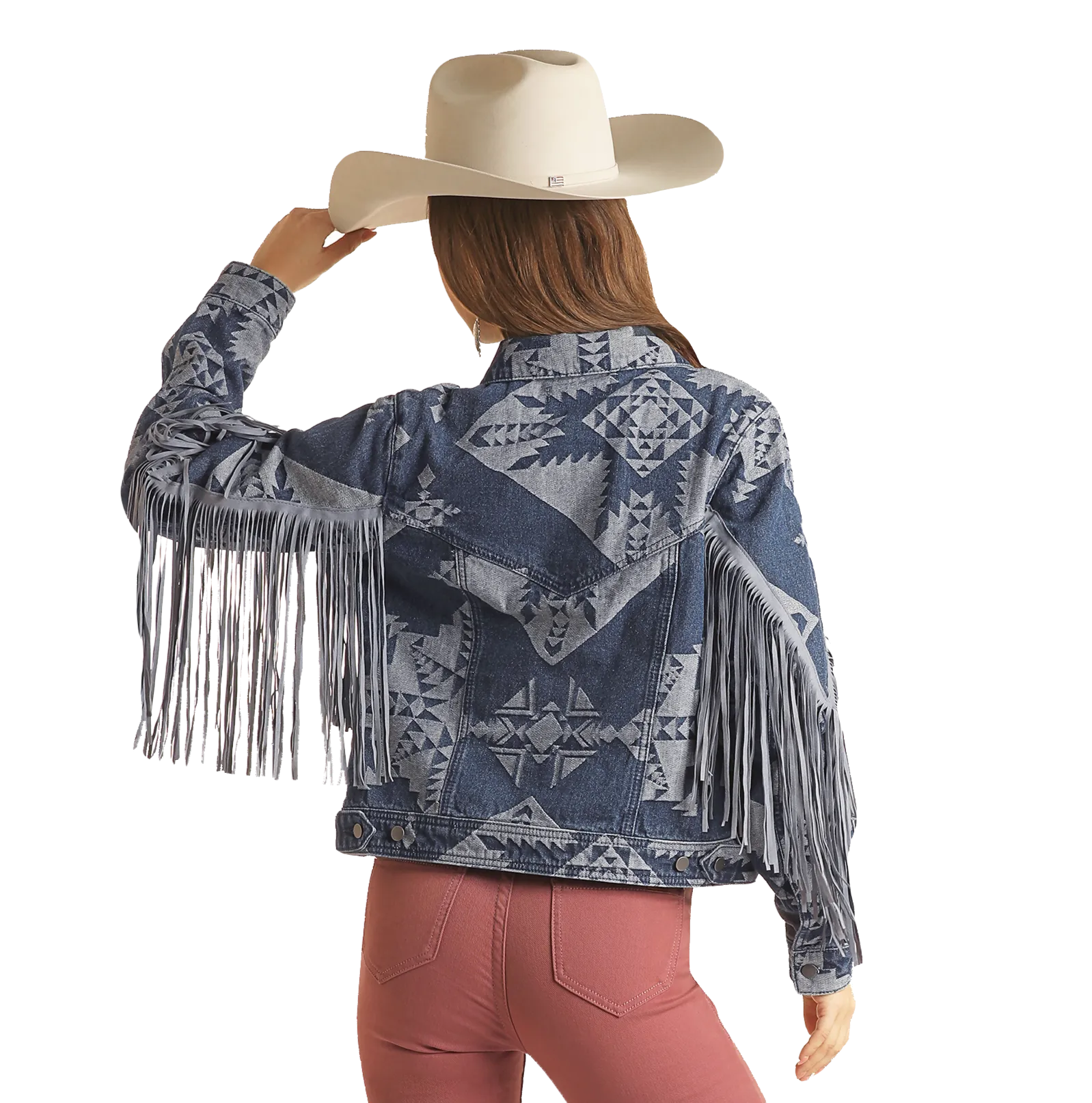 Fringe Aztec Print Denim Jacket