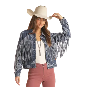 Fringe Aztec Print Denim Jacket