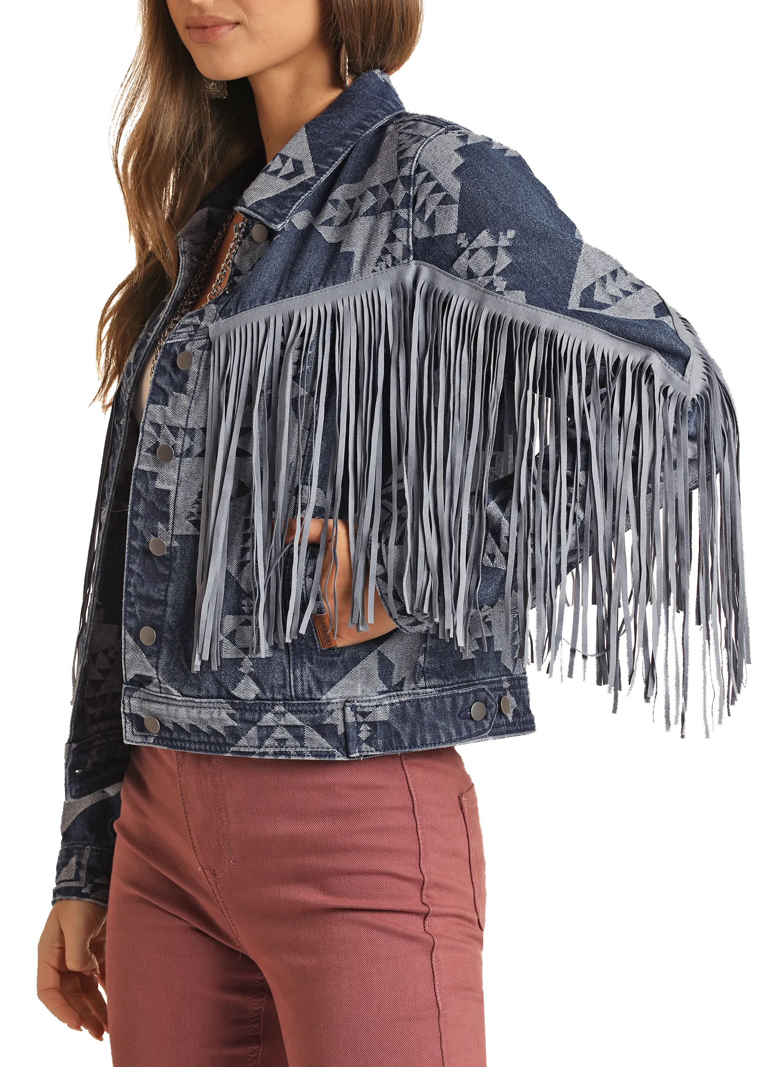 Fringe Aztec Print Denim Jacket
