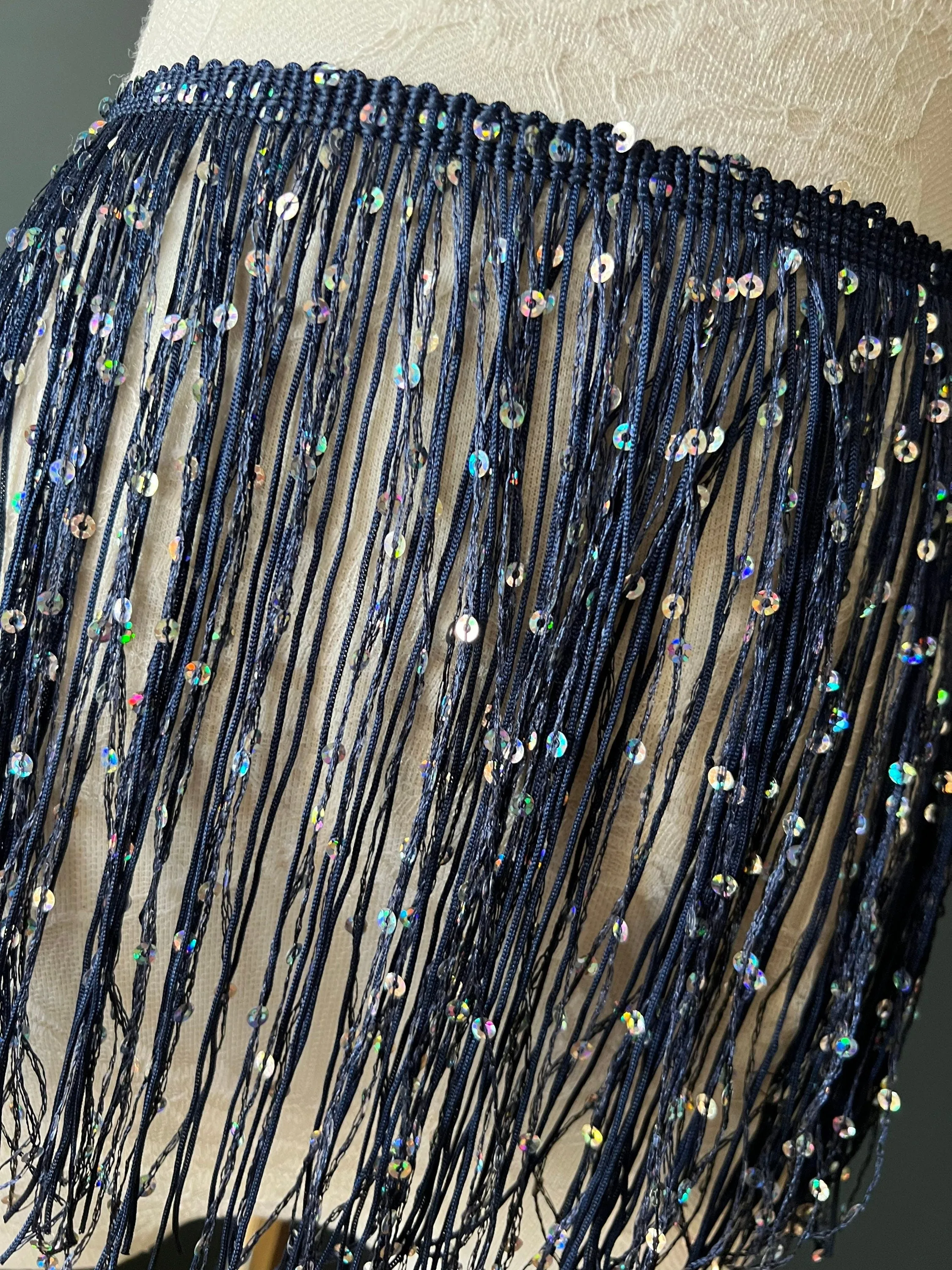 Fringe, Fringe With Sequins, Sequinned,  Sequin Fringe, Dance, Costumes, Fashion, Party, Dress Fringe, 20cm, 8 inch, 8 Colours, Navy