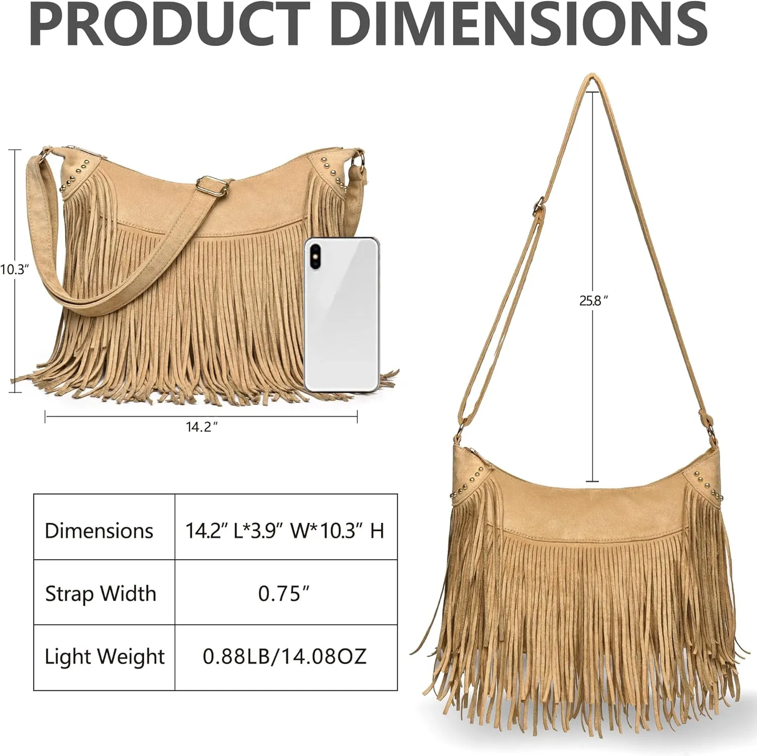 Fringe Hobo Bags for Women Vintage Suede Crossbody Bag Hippie Western Cowgirl Purses Tassel Shoulder Bag