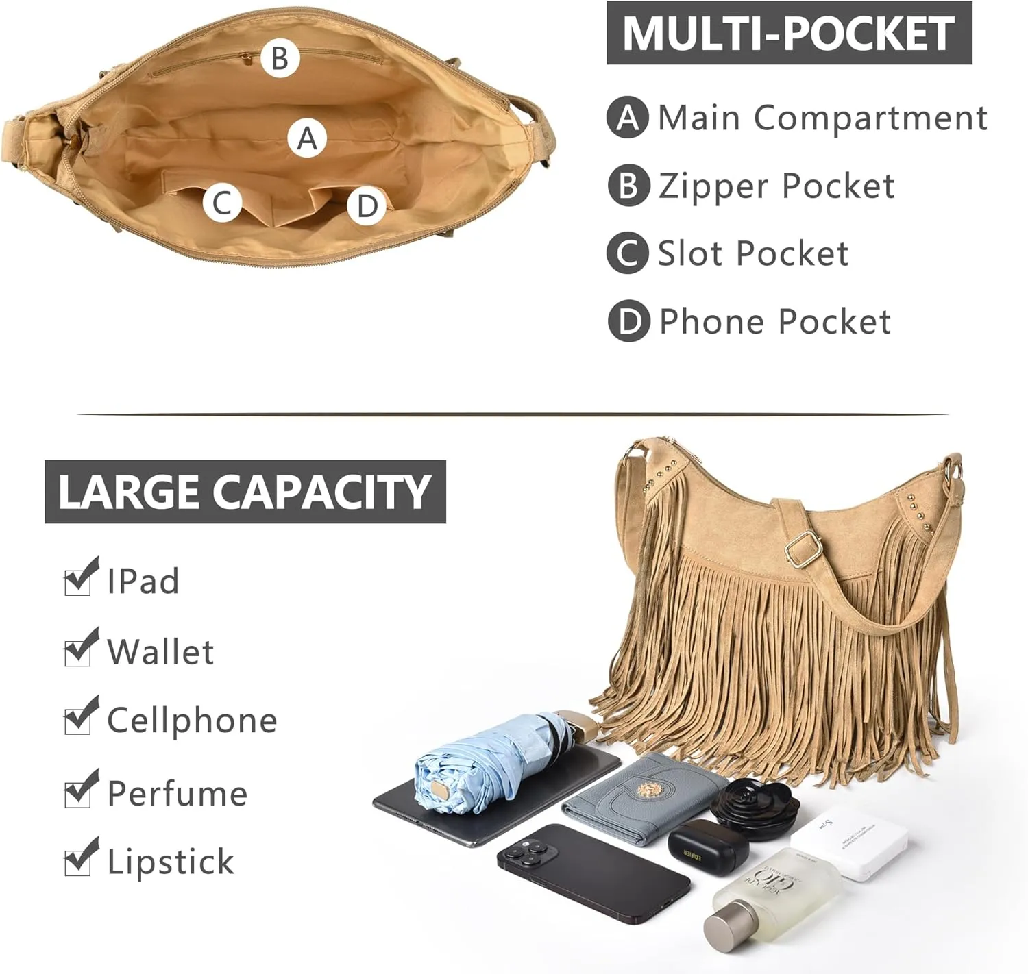 Fringe Hobo Bags for Women Vintage Suede Crossbody Bag Hippie Western Cowgirl Purses Tassel Shoulder Bag