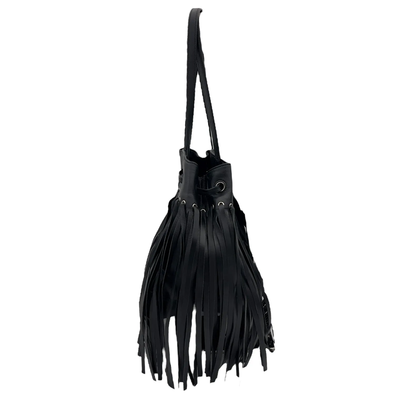Fringe Shoulder Bag Black in Calfskin, Silver hardware