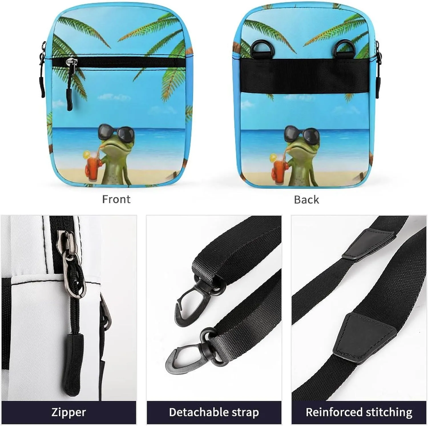 Frog Sunglasses Juice, Tropical Green Palm Tree Blue Ocean, Beach Adjustable Fanny Waist Pack Pouch, Waterproof Crossbody Runners Bag Wallet for Gym Hiking Fitness Women Men 6.1 x 2.2 x 7.9 inch