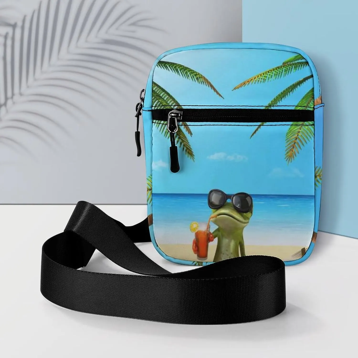 Frog Sunglasses Juice, Tropical Green Palm Tree Blue Ocean, Beach Adjustable Fanny Waist Pack Pouch, Waterproof Crossbody Runners Bag Wallet for Gym Hiking Fitness Women Men 6.1 x 2.2 x 7.9 inch