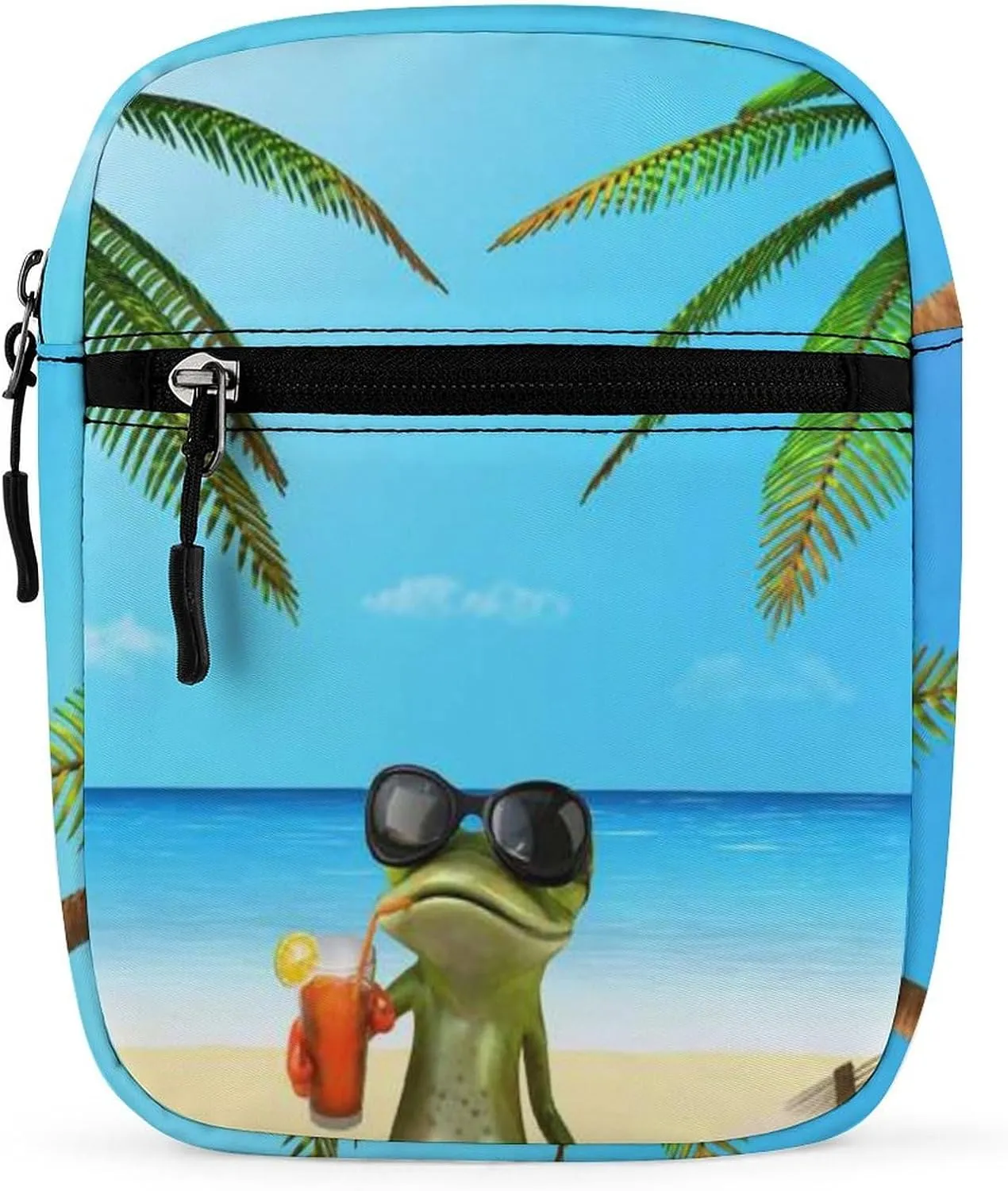 Frog Sunglasses Juice, Tropical Green Palm Tree Blue Ocean, Beach Adjustable Fanny Waist Pack Pouch, Waterproof Crossbody Runners Bag Wallet for Gym Hiking Fitness Women Men 6.1 x 2.2 x 7.9 inch