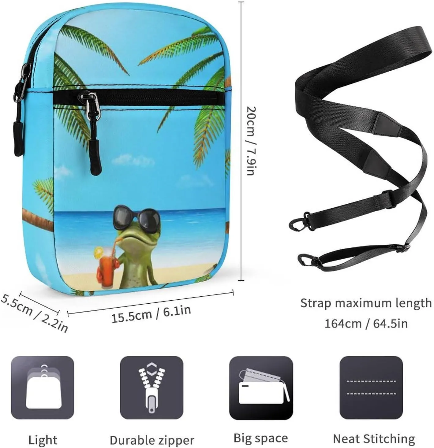 Frog Sunglasses Juice, Tropical Green Palm Tree Blue Ocean, Beach Adjustable Fanny Waist Pack Pouch, Waterproof Crossbody Runners Bag Wallet for Gym Hiking Fitness Women Men 6.1 x 2.2 x 7.9 inch