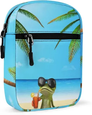 Frog Sunglasses Juice, Tropical Green Palm Tree Blue Ocean, Beach Adjustable Fanny Waist Pack Pouch, Waterproof Crossbody Runners Bag Wallet for Gym Hiking Fitness Women Men 6.1 x 2.2 x 7.9 inch