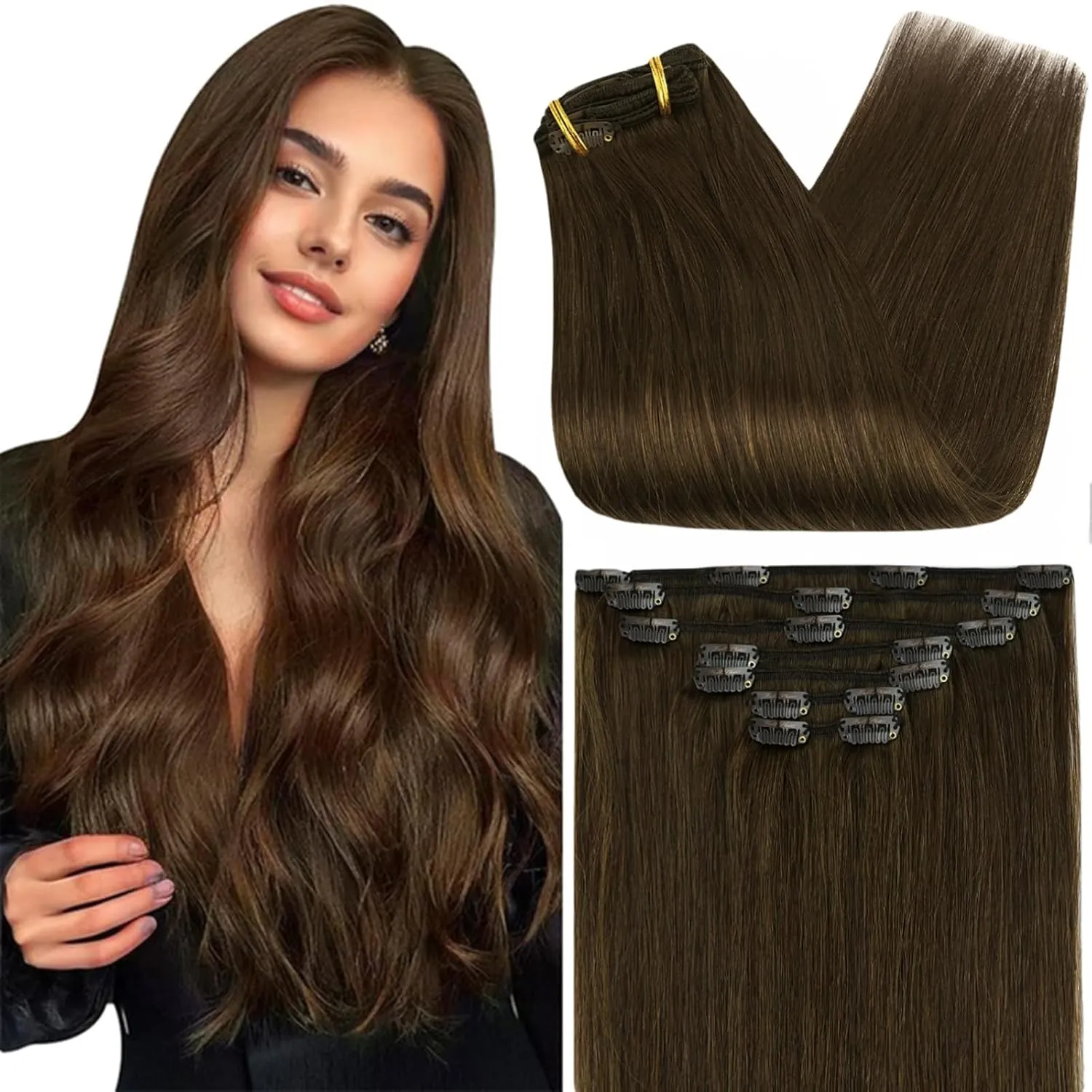 Full Shine 10 Inch Brown Clip in Hair Extensions Human Hair Chestnut Brown Hair Extensions Clip in Brunette Hair Extension Full Head 7 Pcs 95 G